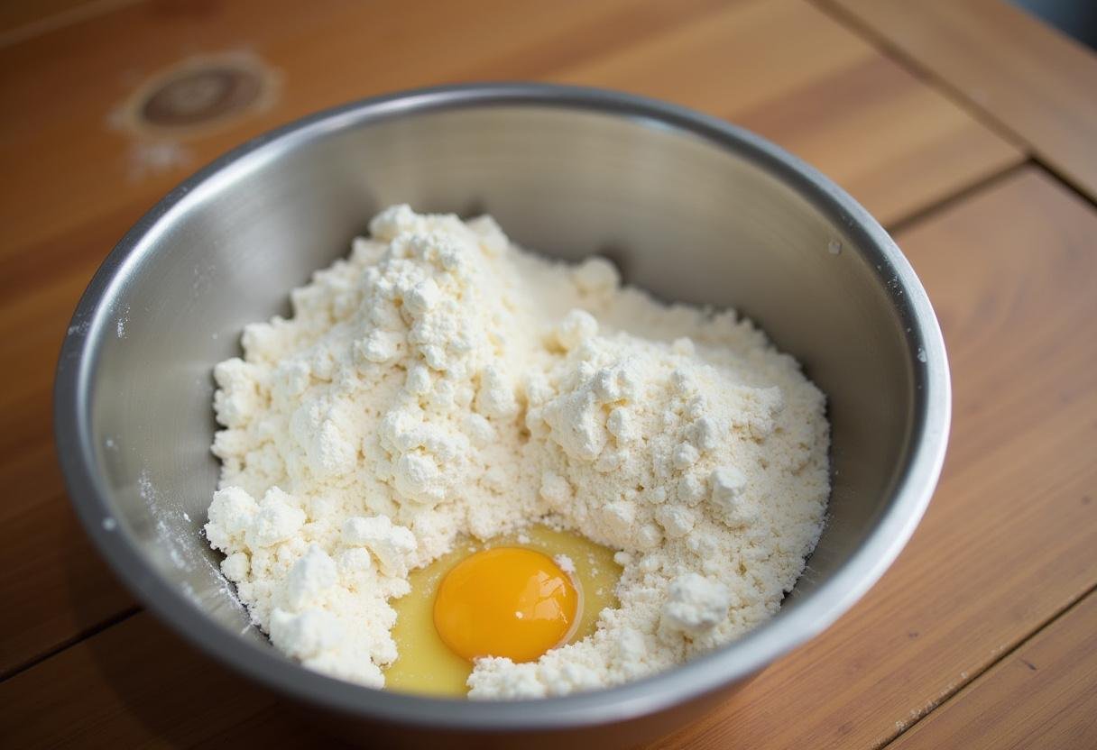 Preparação dos ingredientes para queijadas de Sintra numa mesa de madeira.