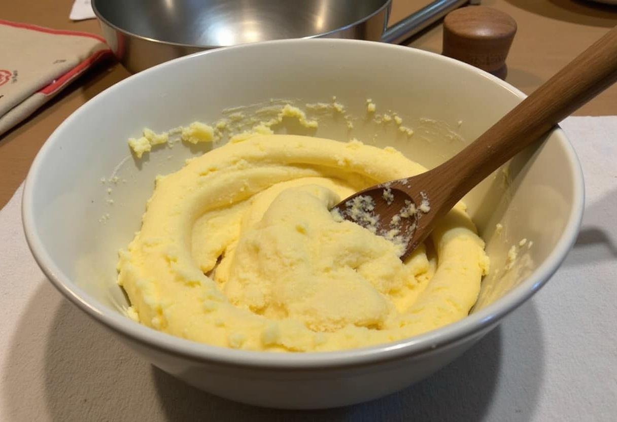 Misturando a massa para queijadas de Sintra numa cozinha tradicional.