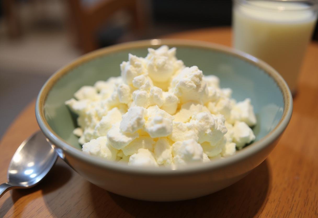 Tigela de queijo cottage fresco do Lidl, pronto para preparação.