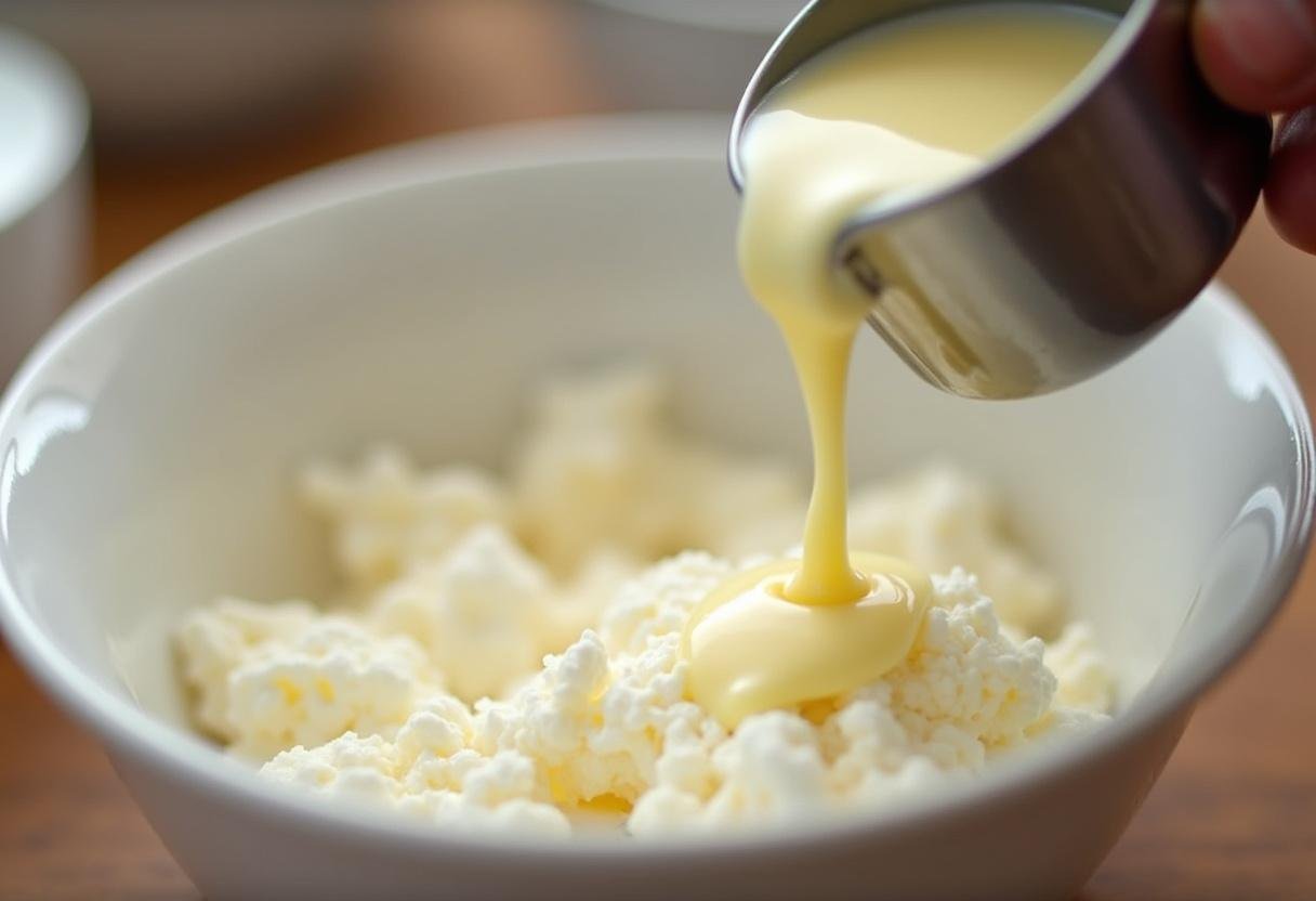 Creme de leite sendo adicionado ao queijo cottage do Lidl para uma textura cremosa.
