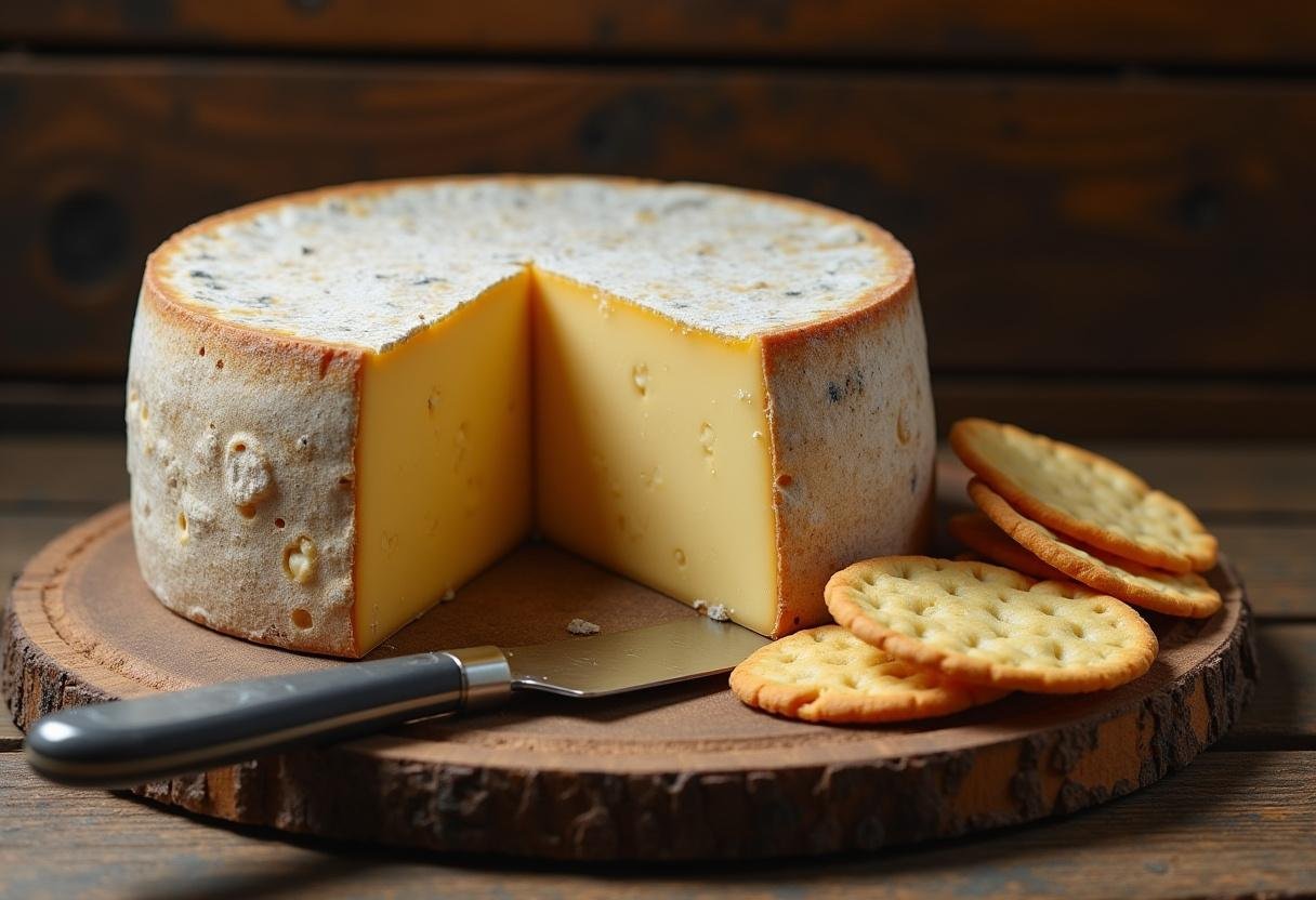 Queijo limiano curado apresentado de forma rústica, ideal para degustação e apreciação.