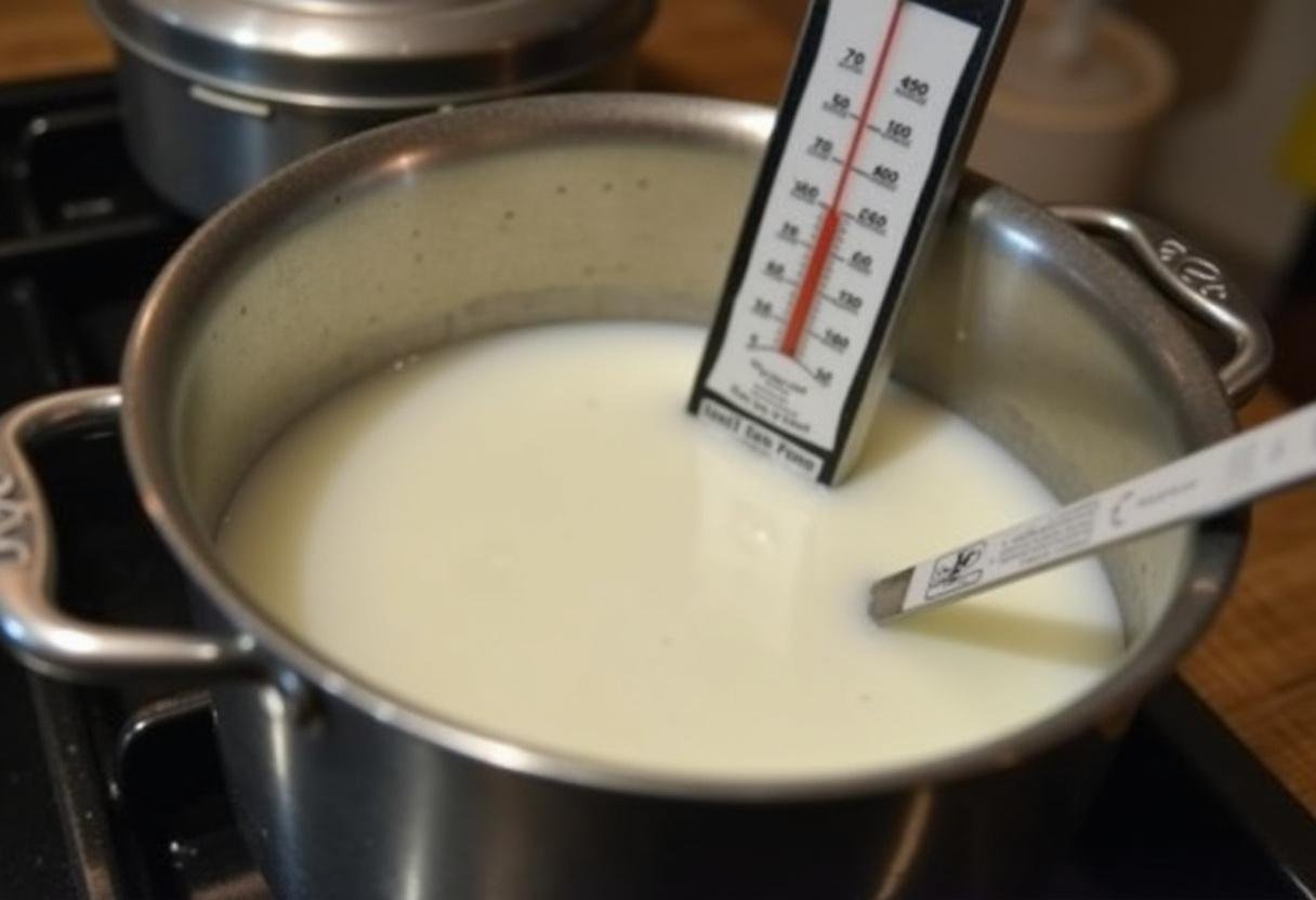 Leite sendo aquecido para fazer queijo limiano curado em uma panela no fogão.