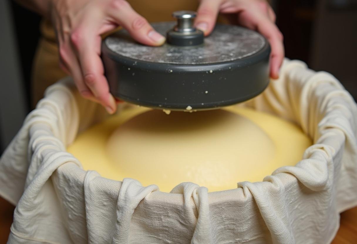 Moldando o queijo limiano curado em uma forma com pano de queijo e pressão adequada.