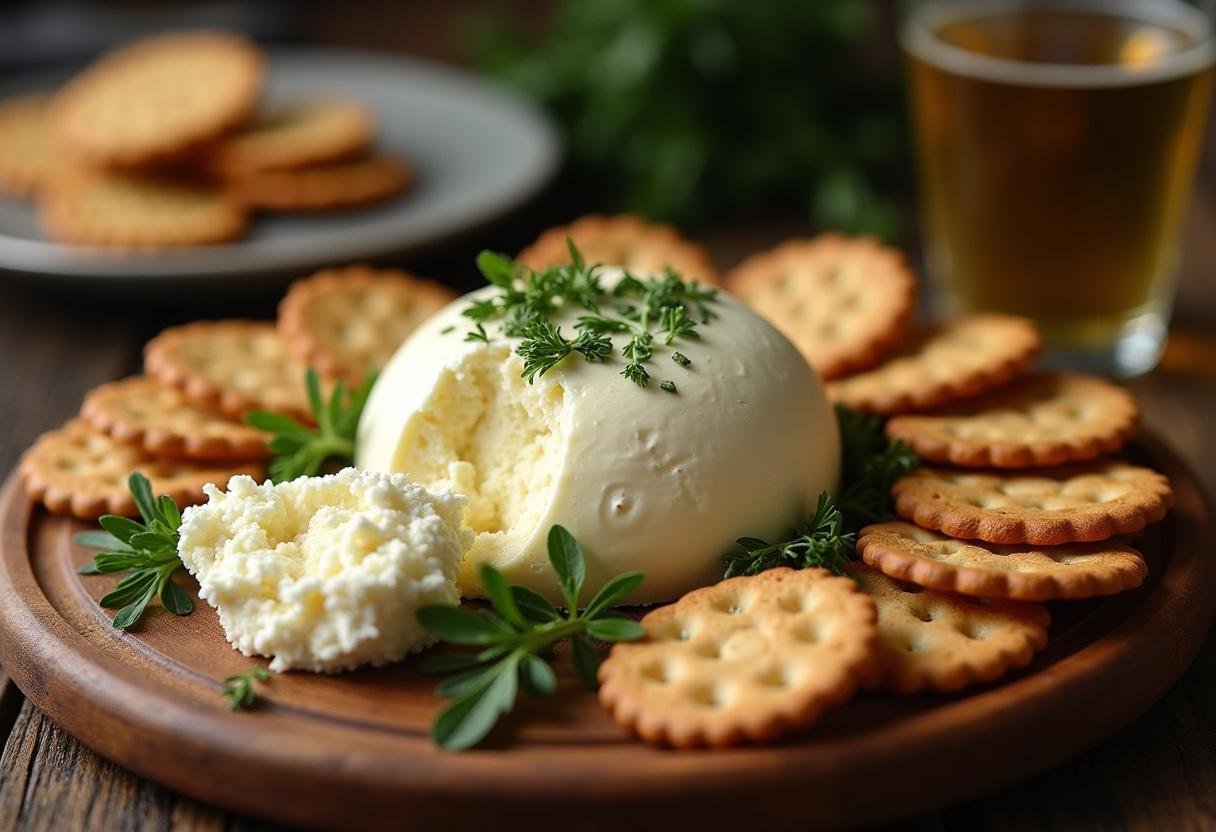 Queijo Philadelphia caseiro apresentado em uma tábua, ideal para ser servido com crackers.