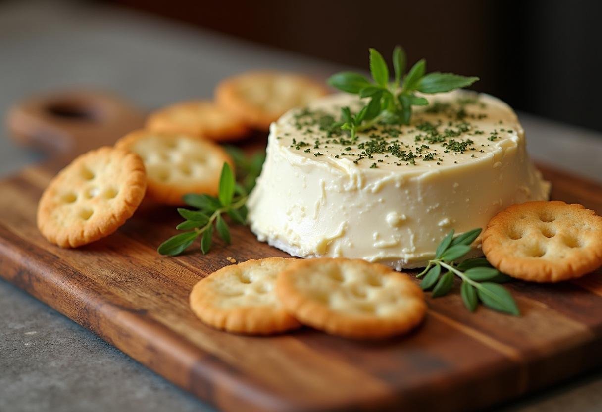 Queijo Philadelphia caseiro apresentado em uma tábua, ideal para ser servido com crackers.