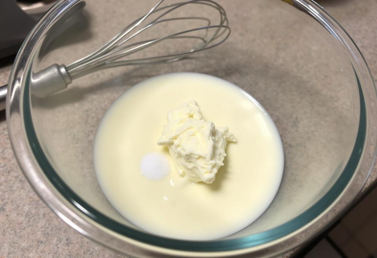 Ingredientes para fazer queijo Philadelphia caseiro misturados em uma tigela.