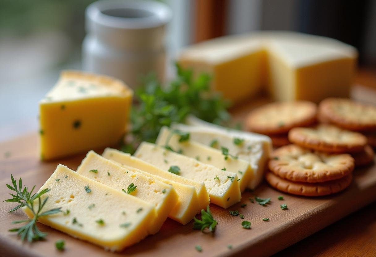 Sliced queijo sem lactose served on a cheese platter with garnishes, ideal for lactose-free snacking.