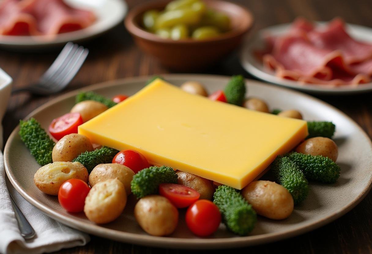 Prato de queijo para raclette servido com vegetais, batatas e embutidos, ideal para uma refeição compartilhada.