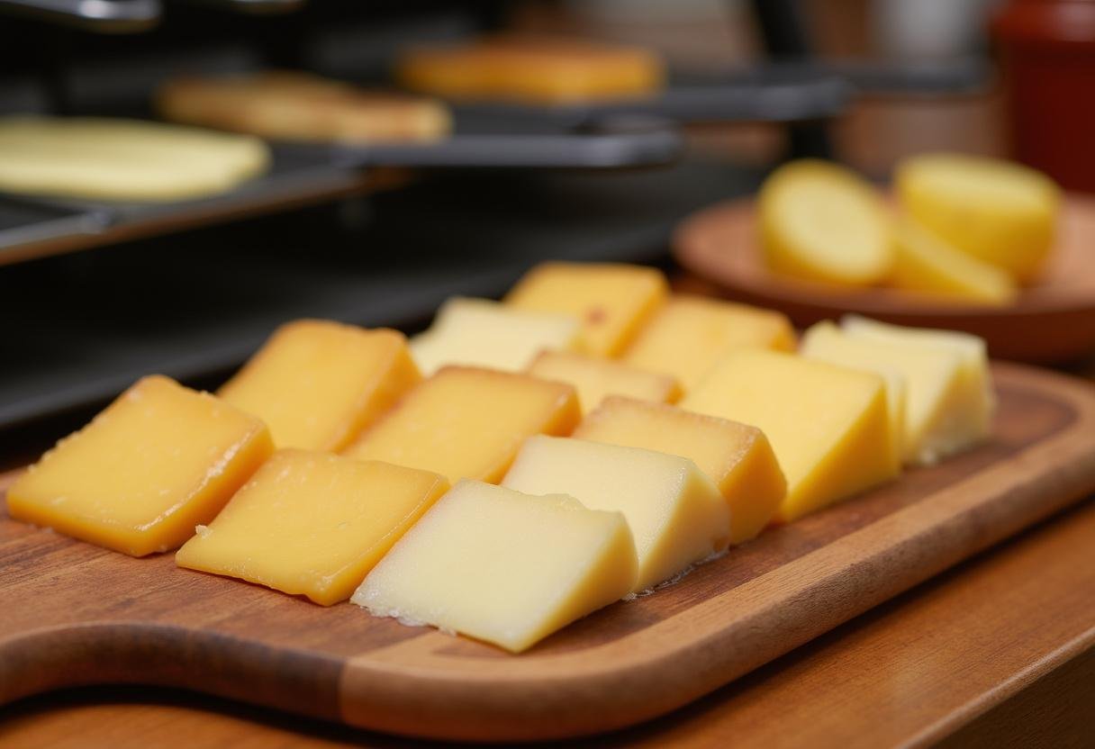 Queijo para raclette derretido em uma tábua de madeira com ingredientes ao fundo.