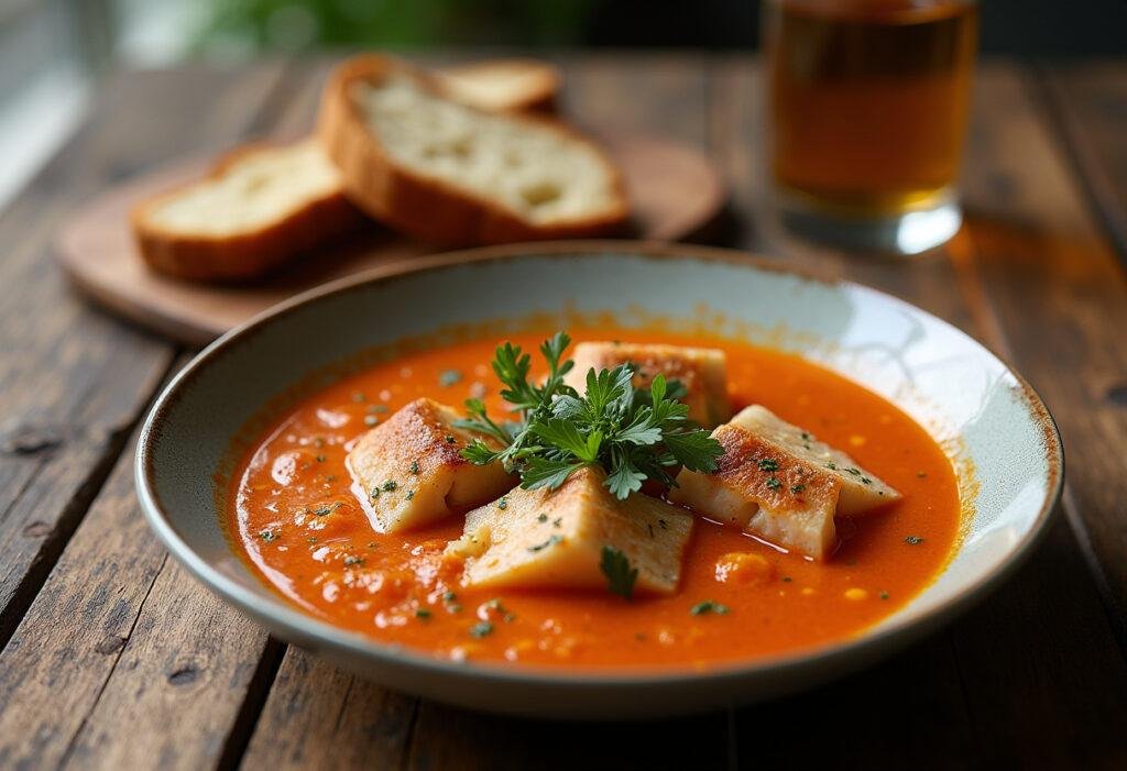 Sopa de peixe receita finalizada em um prato, perfeita para uma refeição tradicional portuguesa.