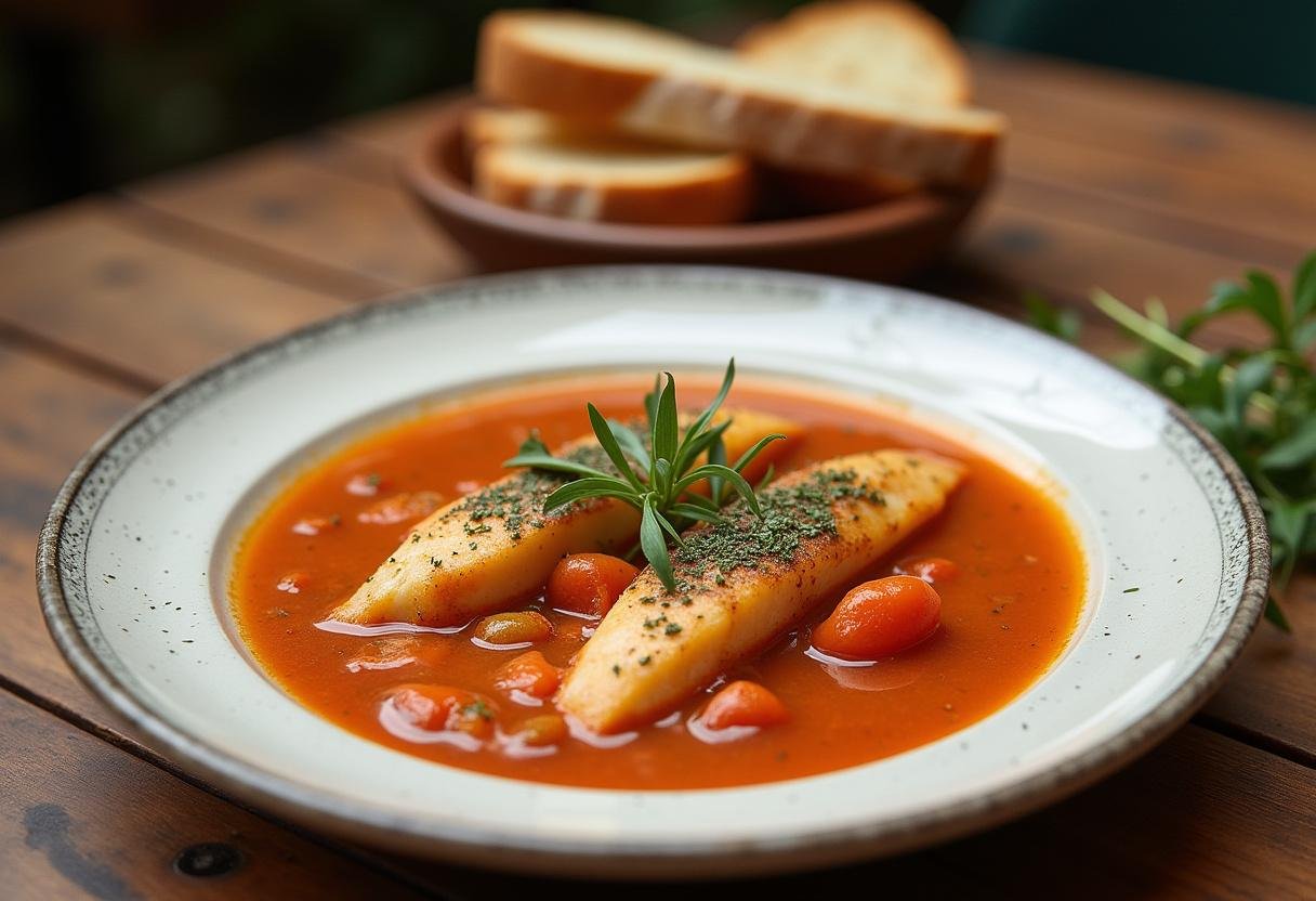 Sopa de peixe receita finalizada em um prato, perfeita para uma refeição tradicional portuguesa.
