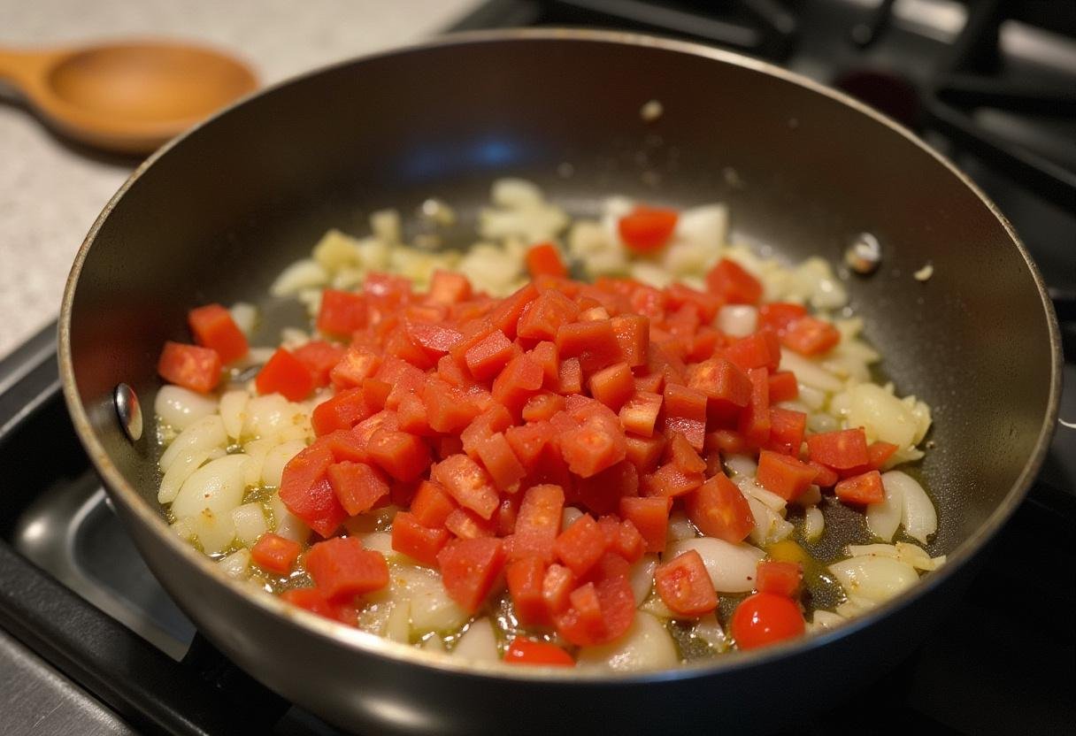 Sopa de peixe receita tradicional com cebolas e tomates refogados em uma panela.