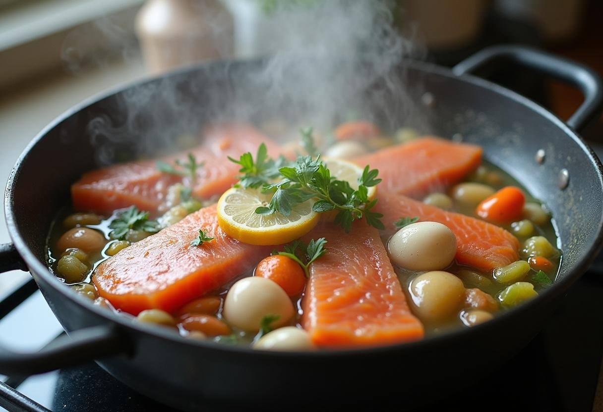 Adicionando filés de peixe e frutos do mar na sopa de peixe receita para cozinhar os sabores.