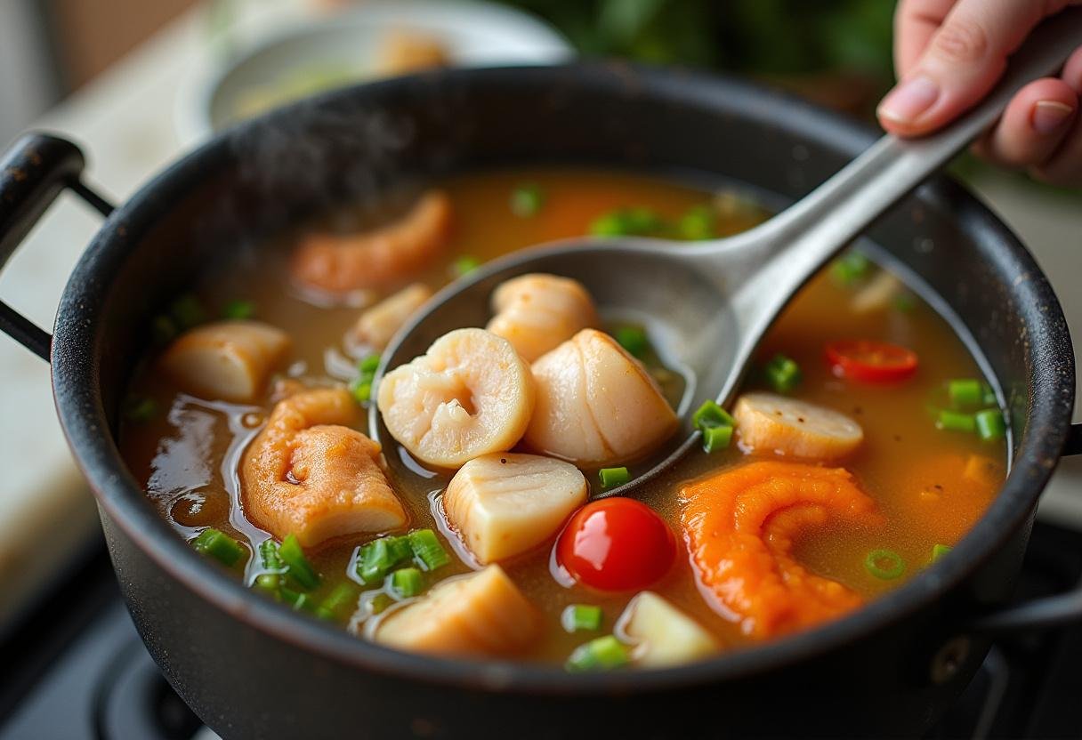Caldo da sopa de peixe bimby com vegetais coloridos e pescado em ebulição na panela.