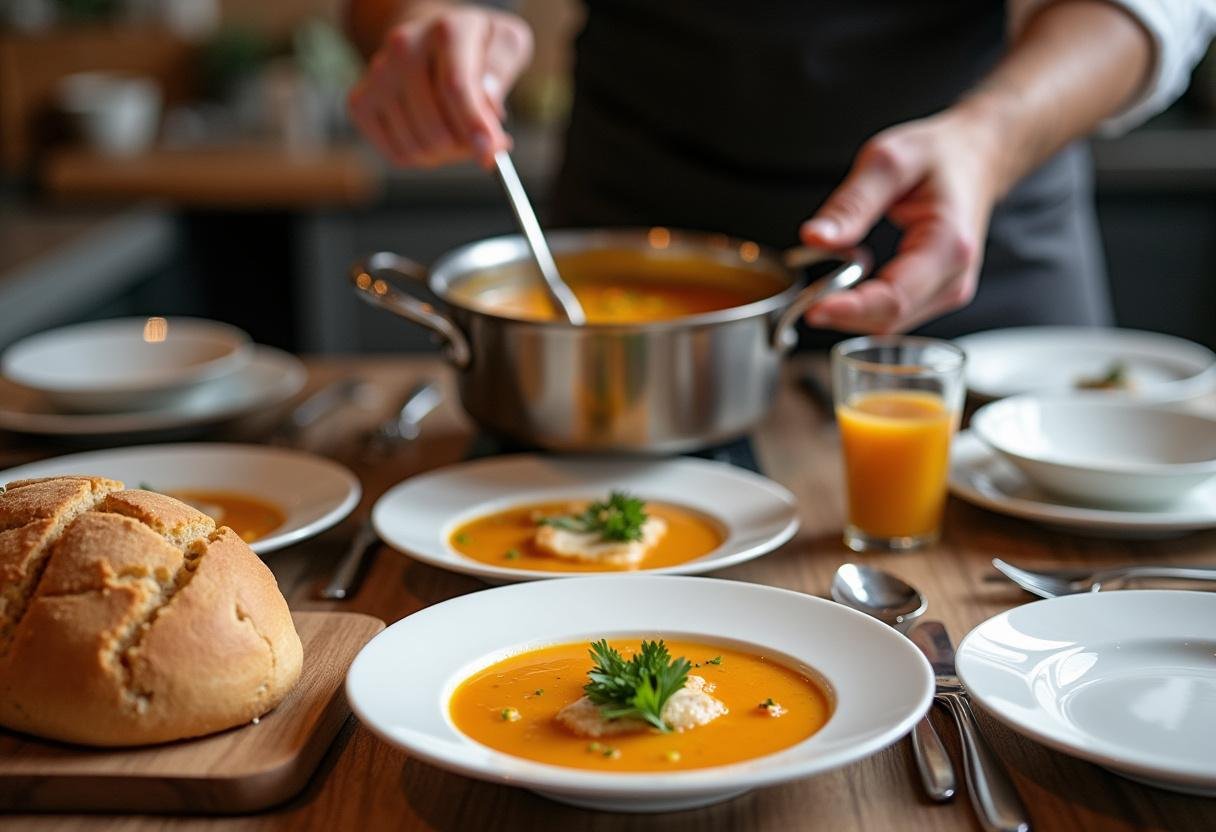 Servindo sopas de peixe na bimby em louças elegantes, com decoração final de salsa fresca.