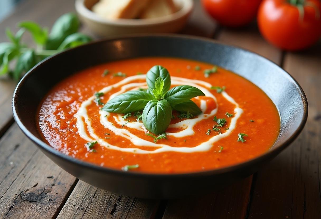 Sopa de tomate cremosa servida com manjericão fresco, perfeita para um delicioso jantar.