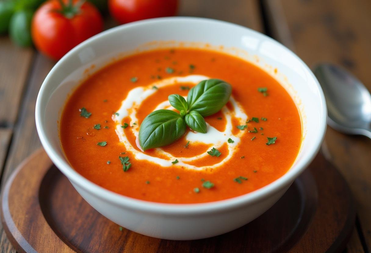 Sopa de tomate cremosa servida com manjericão fresco, perfeita para um delicioso jantar.