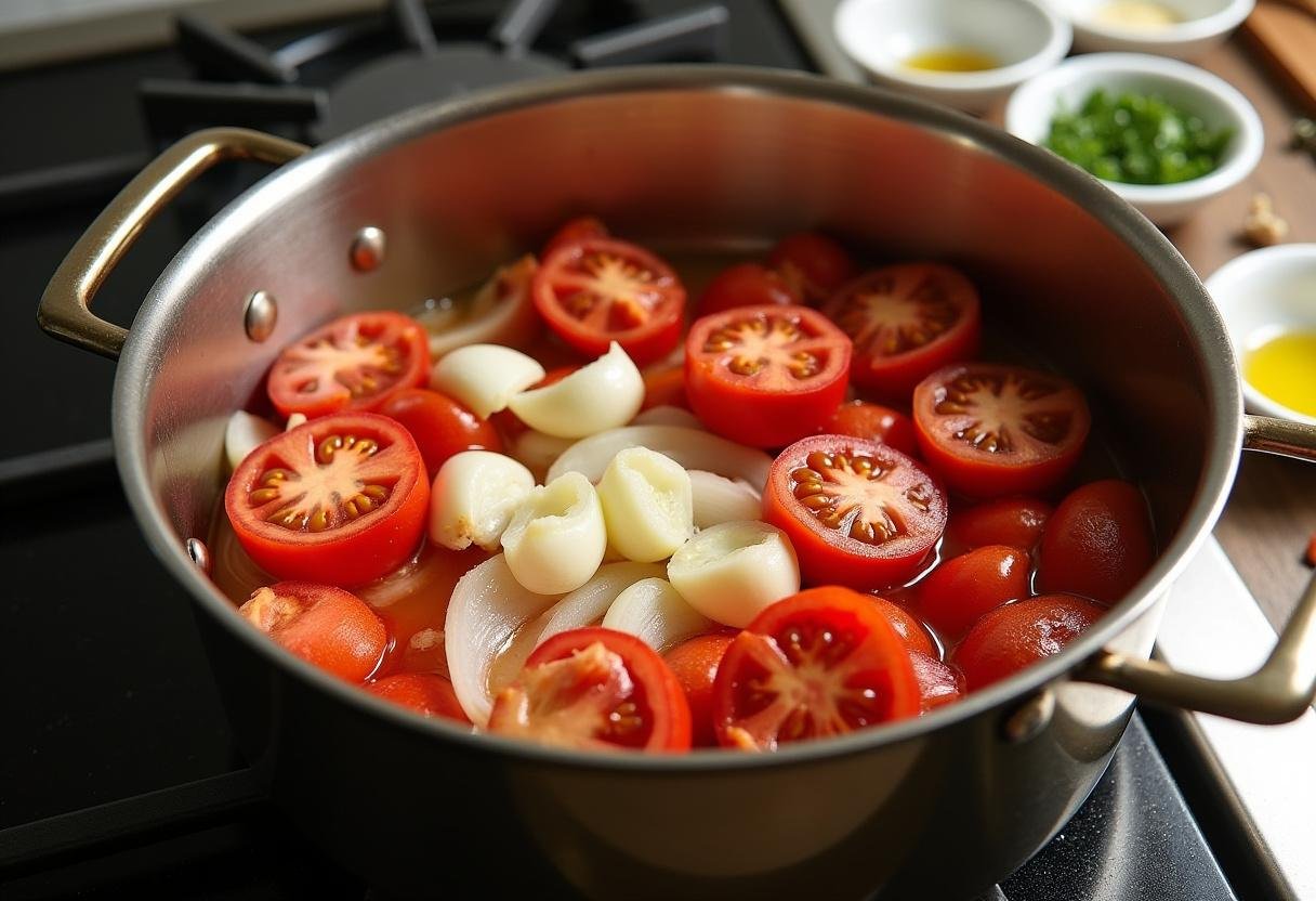 Ingredientes frescos como tomates, cebolas e alho prontos para preparar a sopa de tomate.