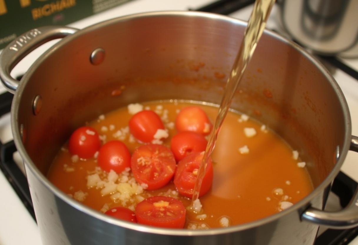 Preparando a base da sopa de tomate com cebolas e alho refogados.