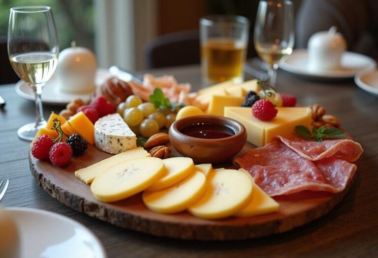 Tábua de queijos e enchidos finalizada e pronta para ser servida em uma reunião, uma verdadeira obra-prima gastronômica.