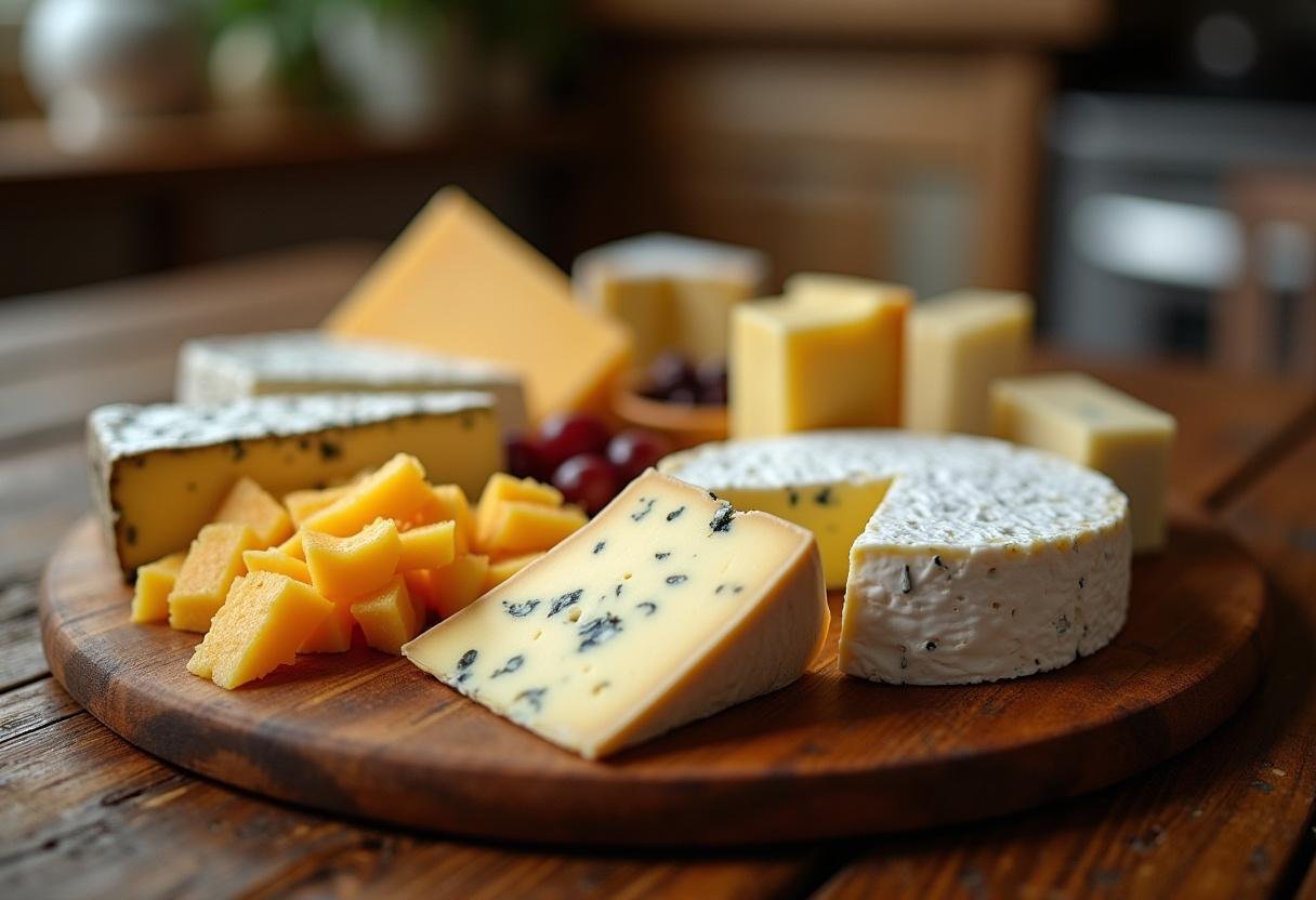 Tábua de queijos variada com brie, gouda e queijo azul dispostos de forma atraente.
