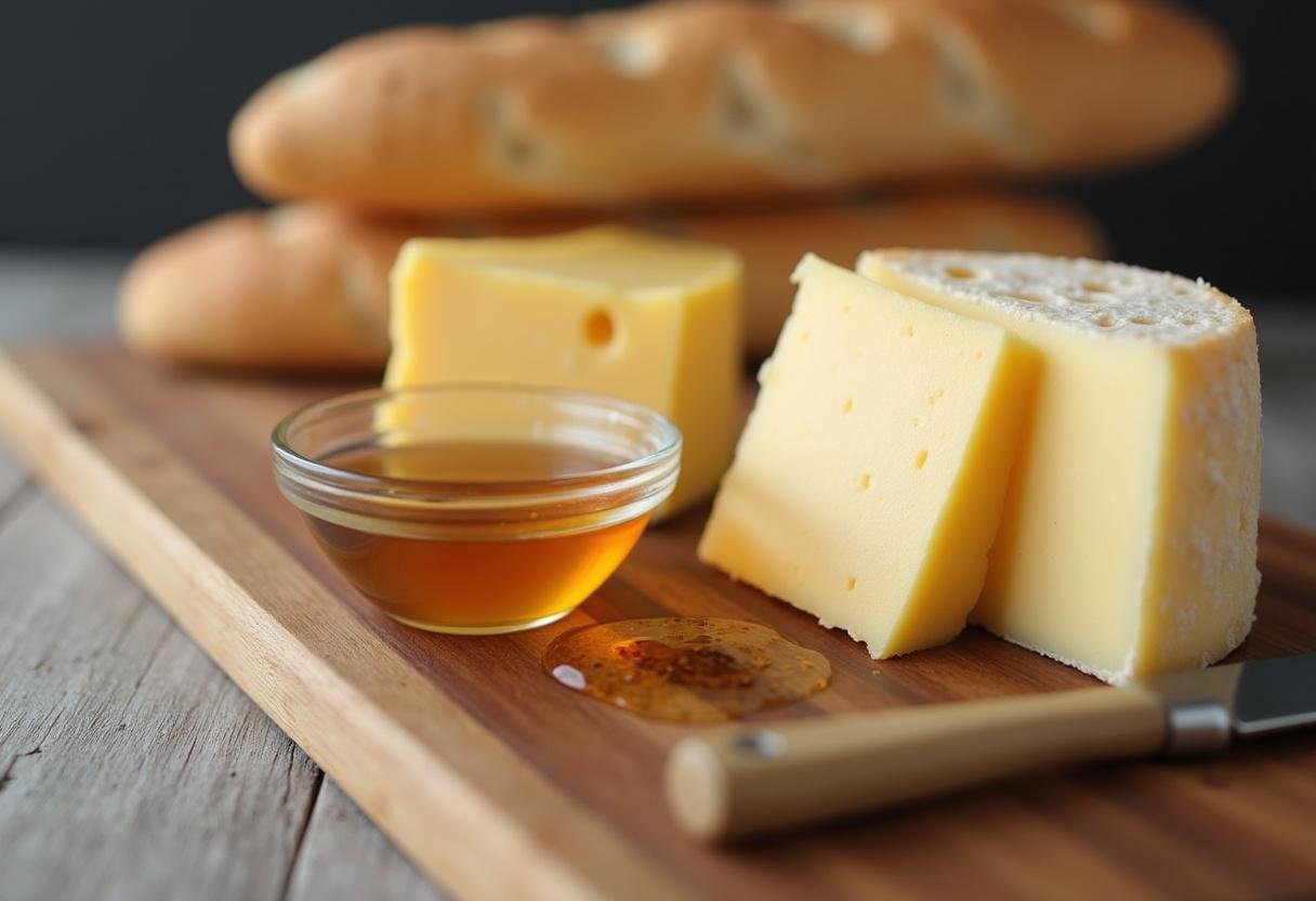 Mel e uma faca prontos para acompanhar a tábua de queijos, agraciando a experiência gastronômica.