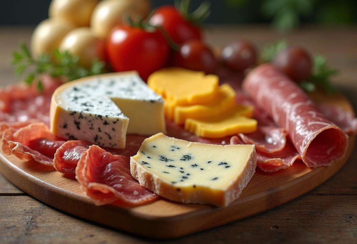 Tábua de queijos com enchidos como presunto e salame dispostos harmoniosamente, completando a apresentação.