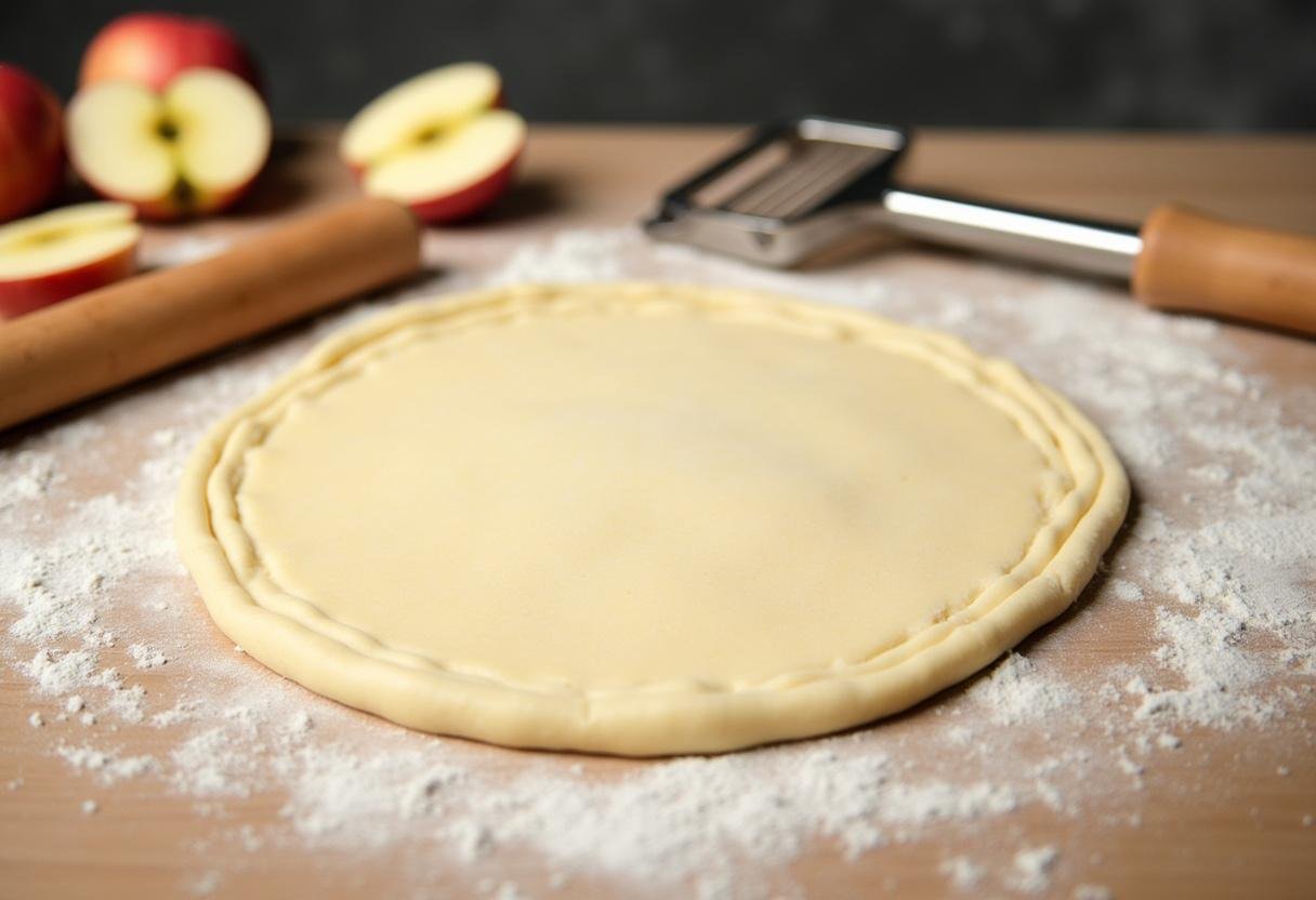 Puff pastry dough prepared for Tarte de Maçã Simples com massa folhada.