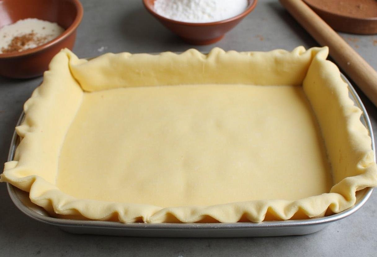Rolled puff pastry being placed in a baking dish for Tarte de Maçã Simples.