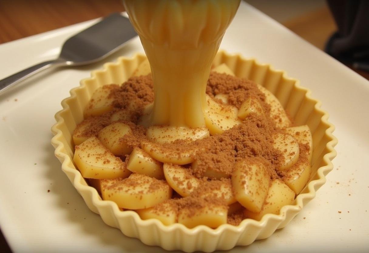Sliced apples layered with sugar and cinnamon for Tarte de Maçã Simples com massa folhada.
