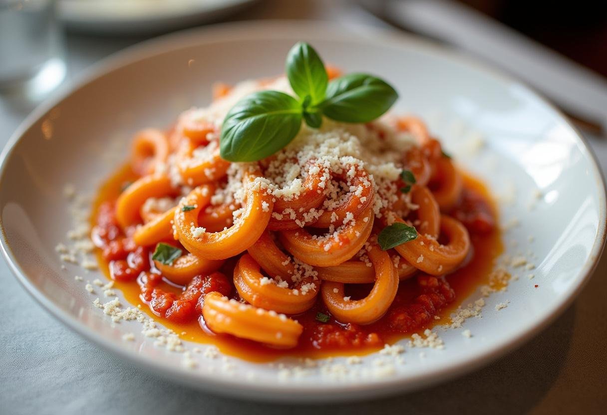Prato finalizado com tipos de massa em molho de tomate, ideal para apreciação.