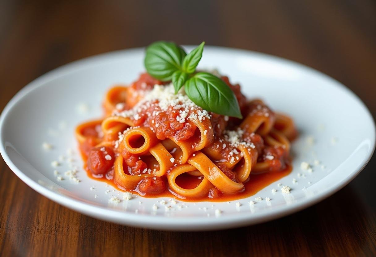Prato finalizado com tipos de massa em molho de tomate, ideal para apreciação.