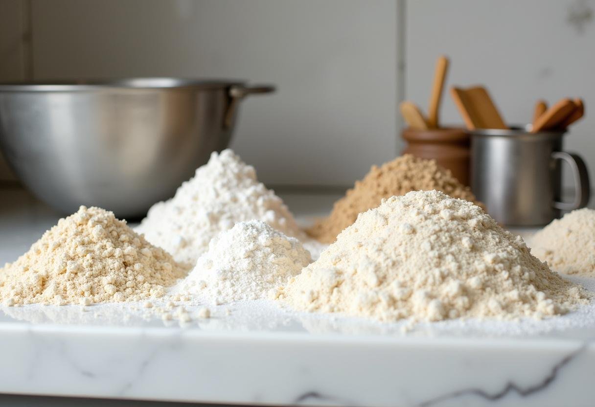 Ingredientes variados para tipos de massa sobre a bancada de mármore.