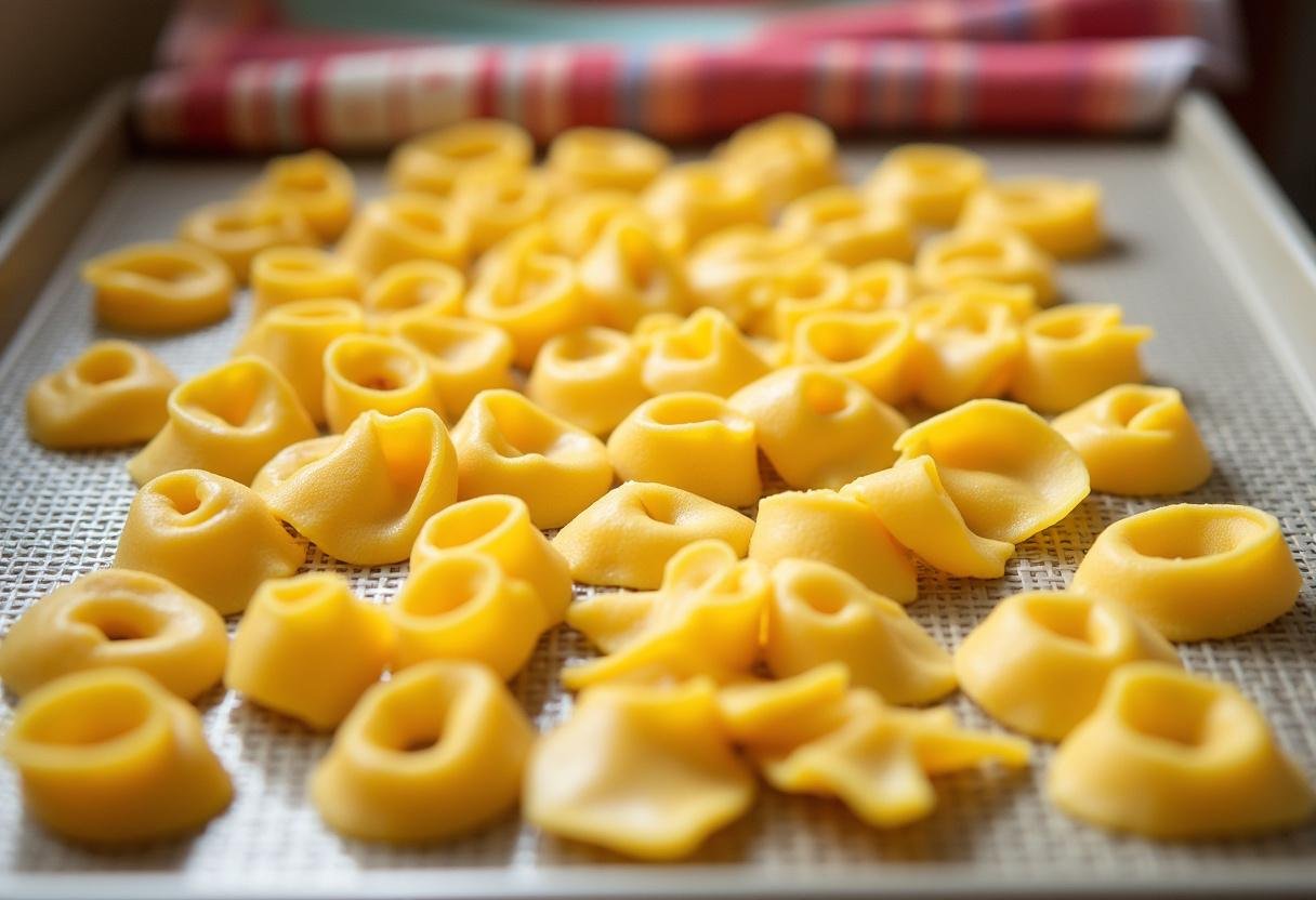 Massa de diferentes formatos secando em um suporte de secagem.