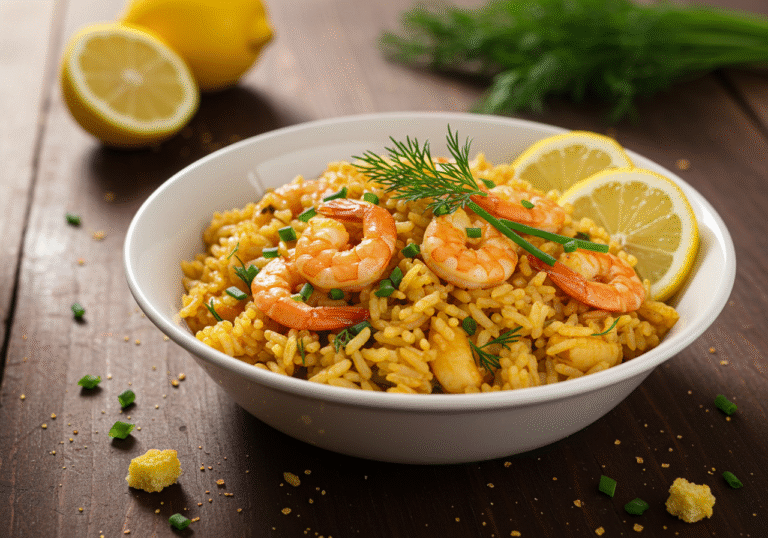Prato final de arroz de tamboril com gambas, ótimo para refeições familiares.