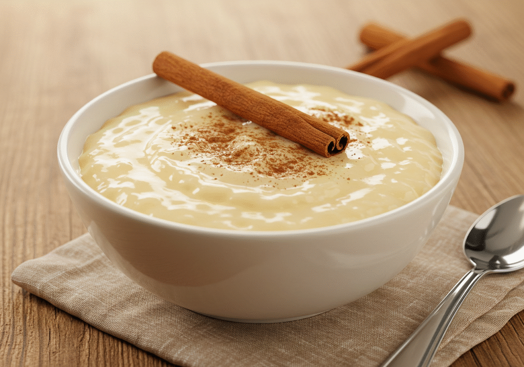 Bowl de arroz doce à moda antiga decorado com canela, perfeito para sobremesa.