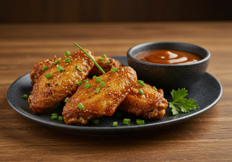 Serviço final de asinhas de frango crocantes, decoradas com ervas frescas e molho para mergulhar.