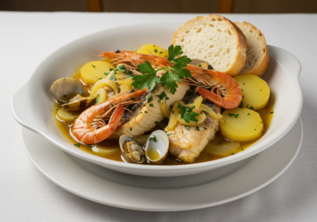 Delicious cataplana de peixe served with fresh parsley and rustic bread, perfect for sharing.
