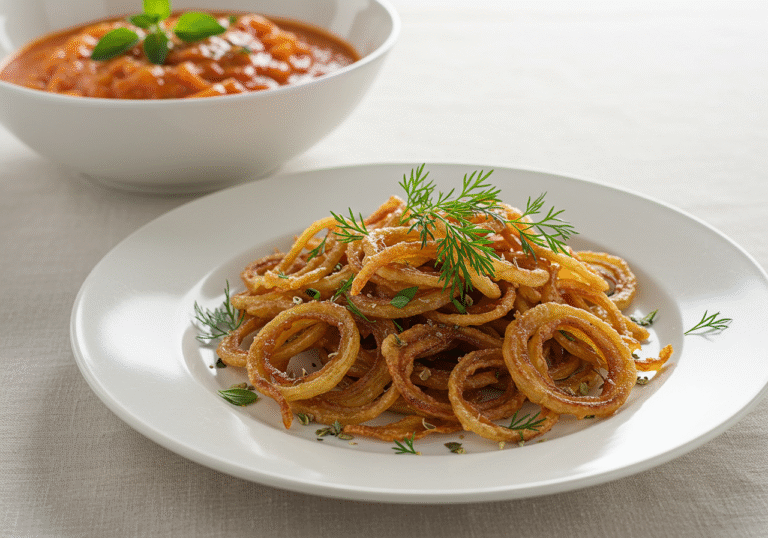 Crunchy cebola frita crocante served on a plate, perfect for enhancing meals.