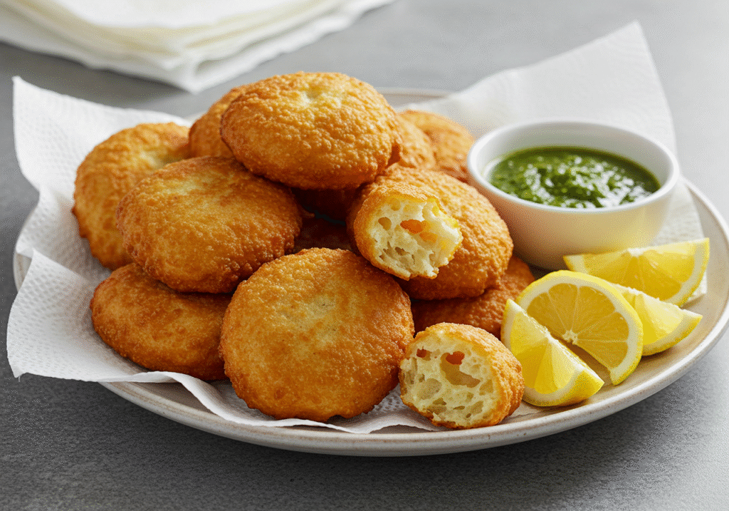 Pataniscas de bacalhau a antiga, apresentadas de forma apetitosa, perfeita para compartilhar.