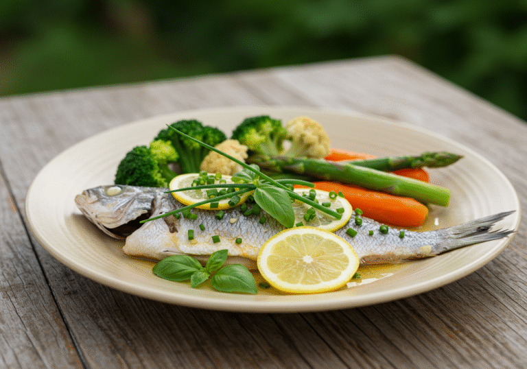 Peixe ao vapor simples servido com legumes, ideal para um almoço saudável.