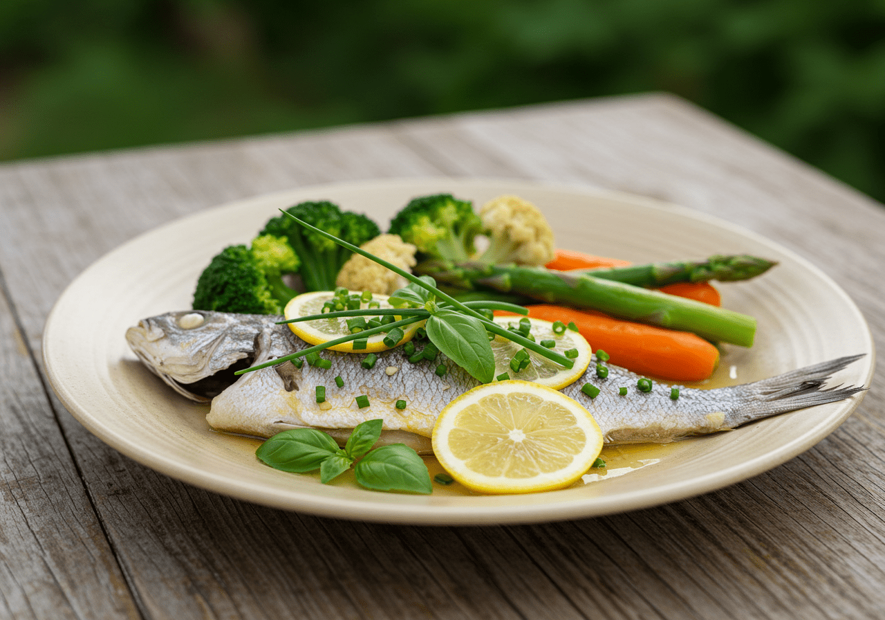 Peixe ao vapor simples servido com legumes, ideal para um almoço saudável.