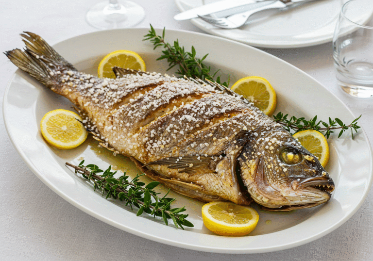Finished Peixe Pregado ao Sal, a salt-crusted fish served with lemon, ideal for seafood lovers.