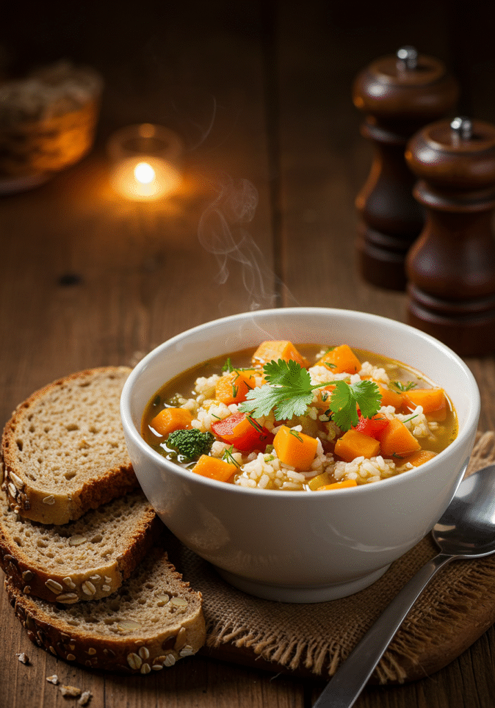 Delicious Nutritive Vegetable Soup with rice, perfect for a healthy meal.