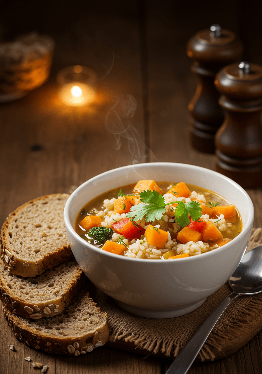 Delicious Nutritive Vegetable Soup with rice, perfect for a healthy meal.