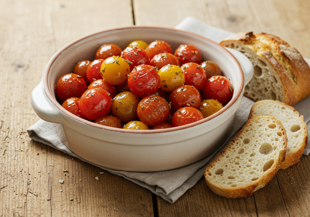 Finished Tomate Cherry Salteado served with crusty bread, ideal for sharing.