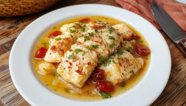 Prato de bacalhau guisado com grão, tomate e rodelas de chouriço, servido em uma travessa de barro, cores vibrantes de vermelho, amarelo e branco, textura suculenta e ingredientes bem distribuídos.