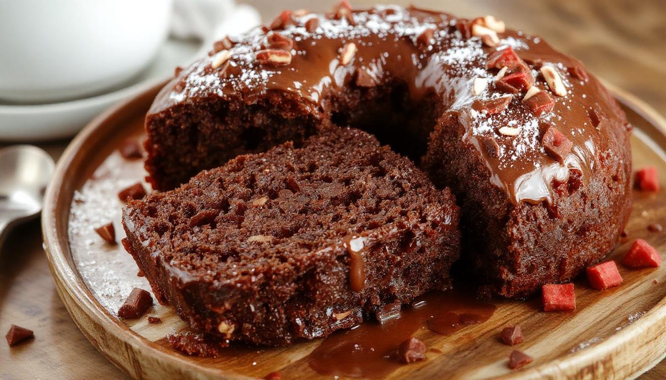 Imagem de um bolo de chocolate com cobertura brilhante, decorado com morangos vermelhos frescos por cima, lado decorado com pedaços de morango e raspas de chocolate, apresentação elegante e apetitosamente dourada, em um prato branco sobre uma mesa rústica com fundo suave.