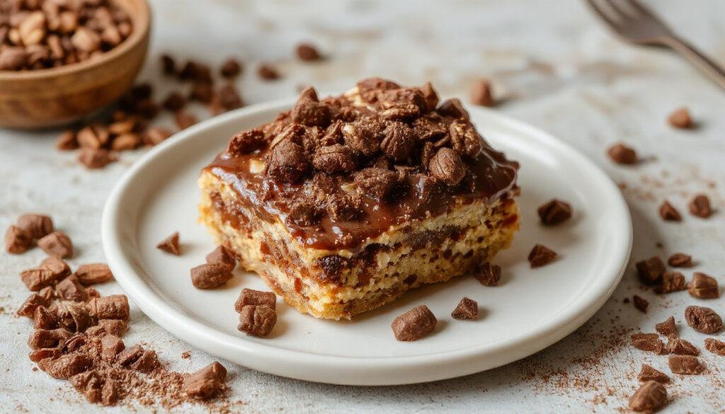 Imagem de um prato branco com vários brigadeiros gourmet de café decorados com pó de cacau e grãos de café, apresentando uma textura cremosa e brilhante, dispostos elegantemente em fileira sobre uma toalha de mesa colorida, com iluminação suave destacando o brilho dos doces.