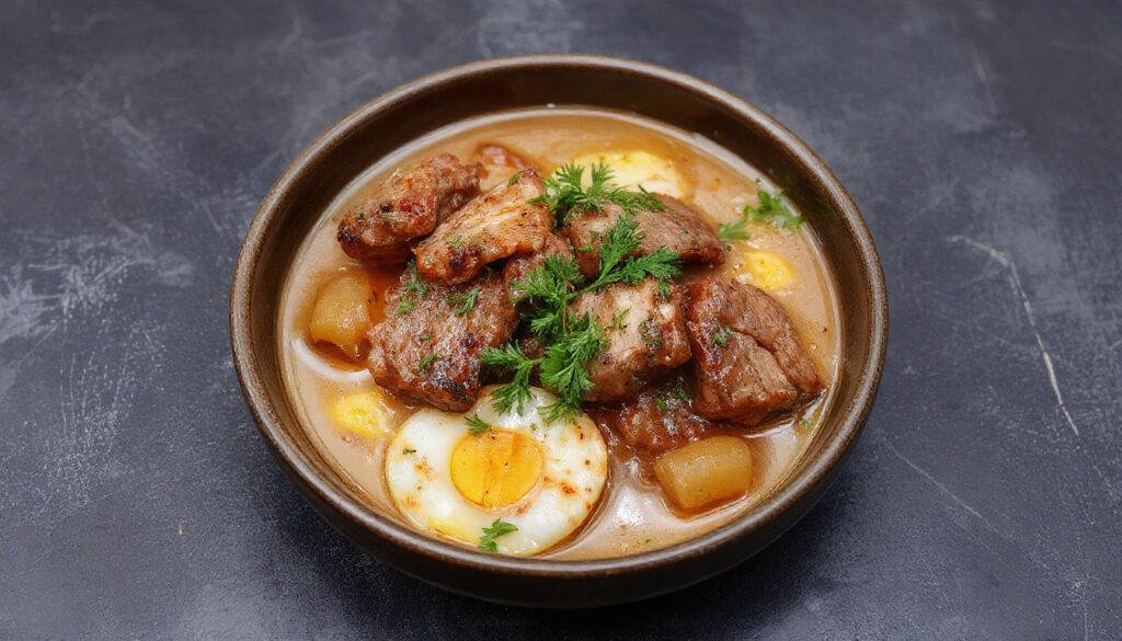 Prato tradicional português de carne de porco à alentejana com amêijoas, servido em uma travessa branca, com carne dourada, amêijoas abertas, decorado com salsa fresca, ao fundo uma fatia de limão e pão rústico ao lado, toda a apresentação tem um estilo apetitosa e acolhedora, com vapor suave visível sobre o prato.